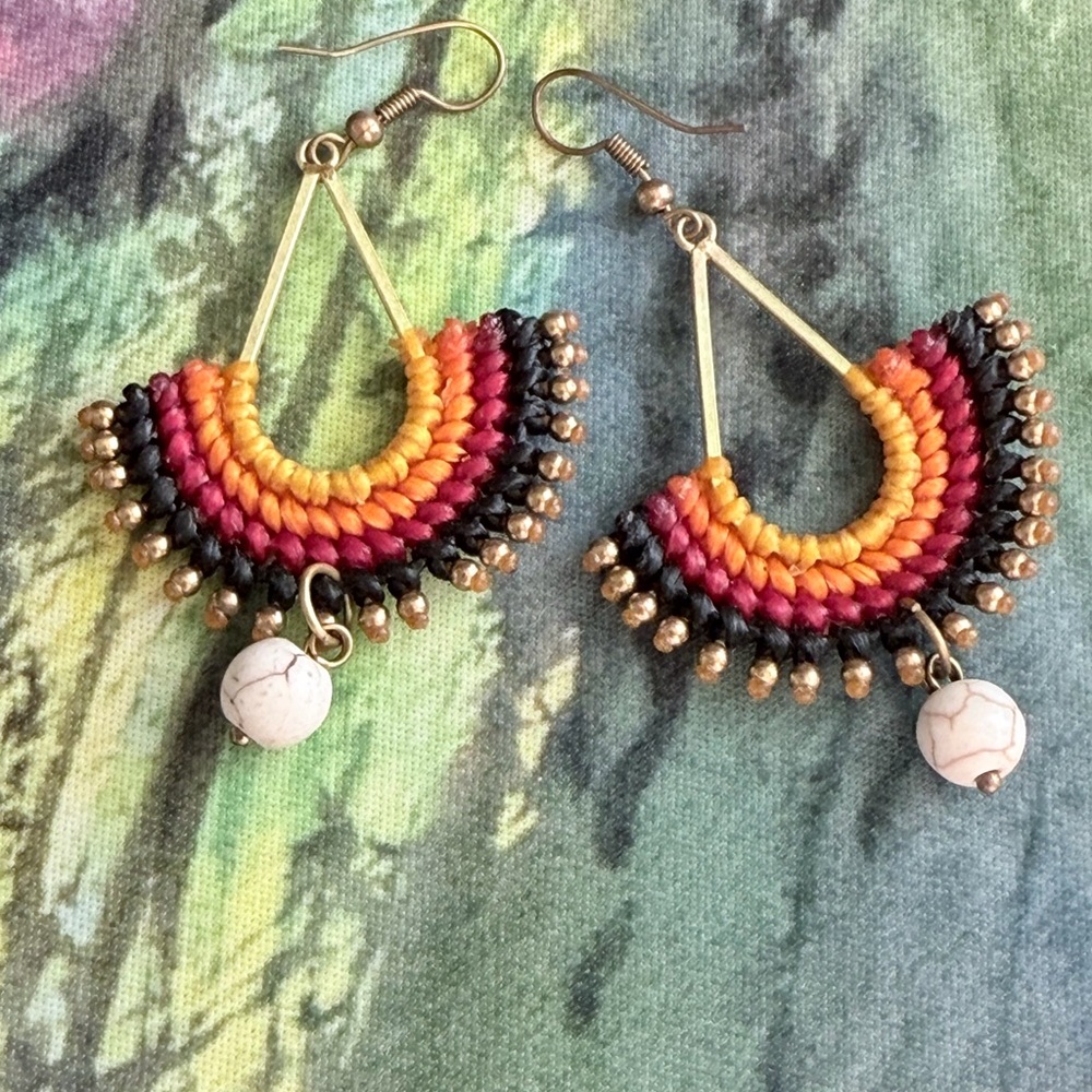Boho‎ Handwoven Fan Drop Earrings in Yellow, Pink & Black